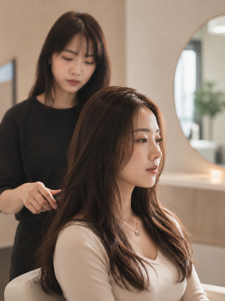 自然光の入るサロンで、スタイリストが女性の髪を整えている施術風景