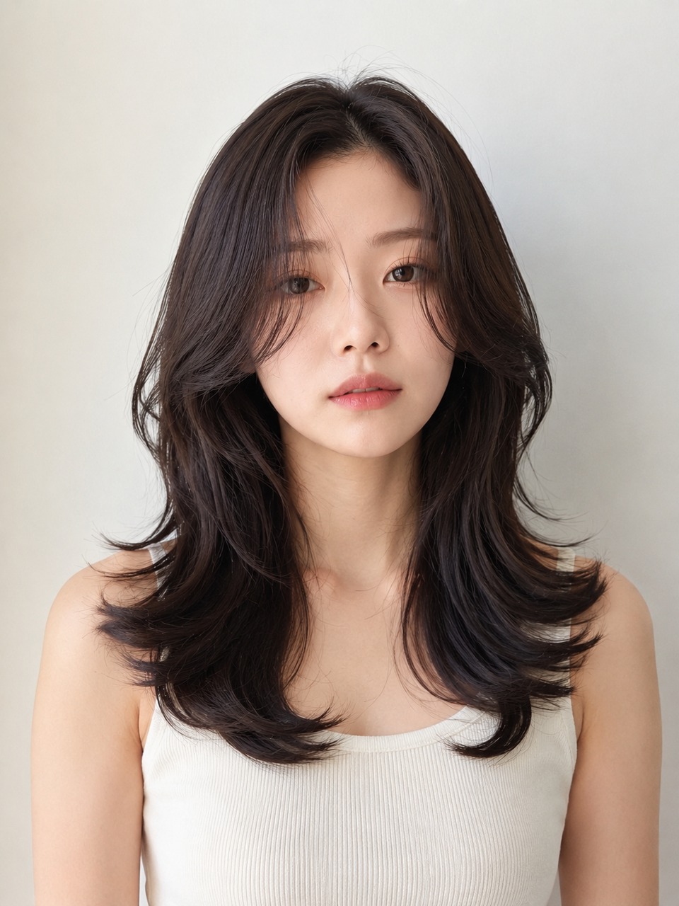 自然光の中で顔まわりのレイヤーと艶のあるロングヘアを整えている女性