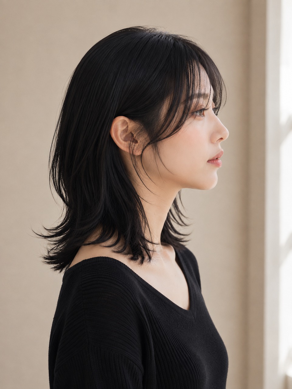 顔まわりに段差をつけたミディアムの韓国ヘアを横から見たスタイル