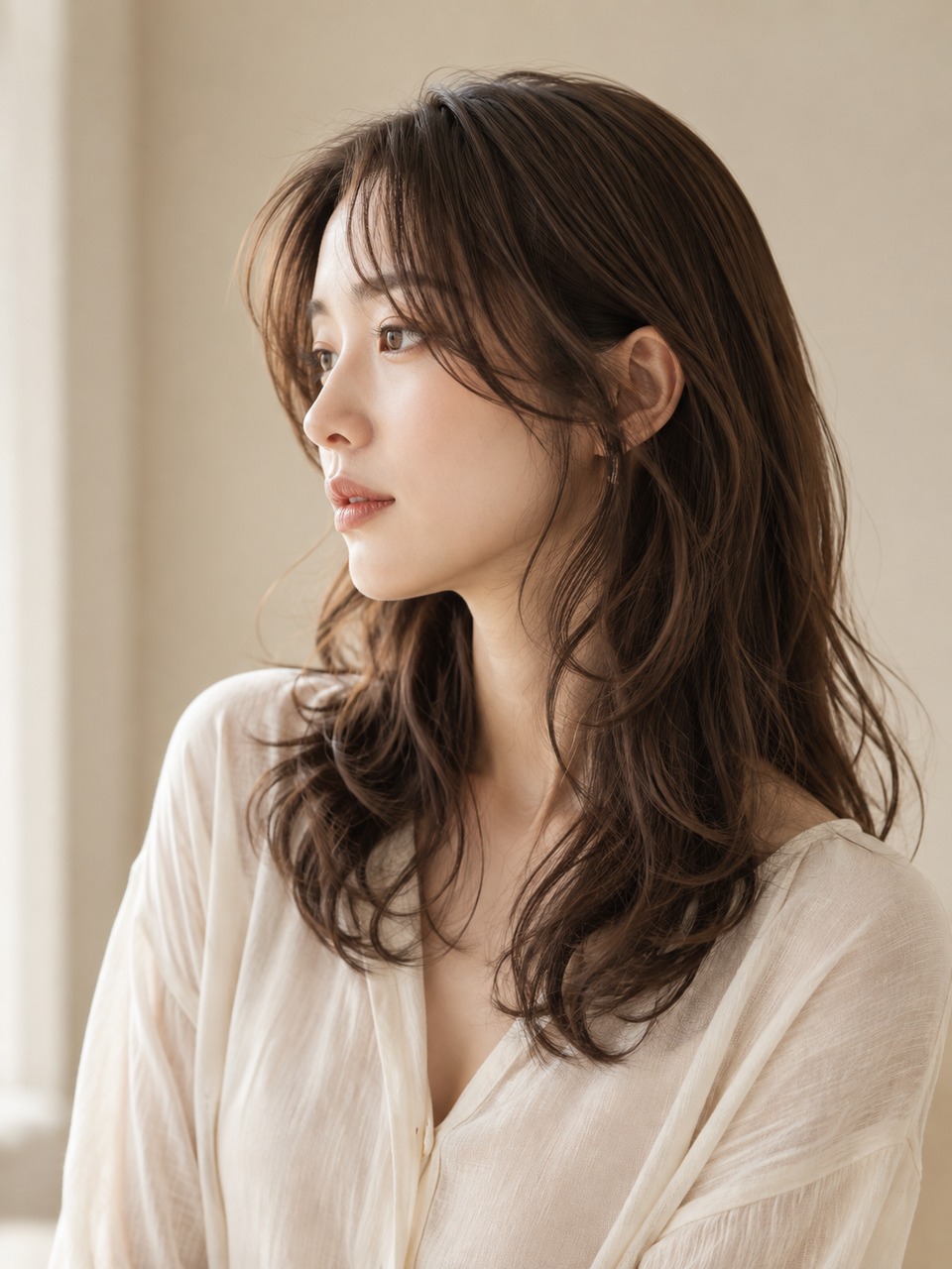 柔らかな自然光の中で、顔まわりのレイヤーと艶のあるミディアムヘアを見せる女性