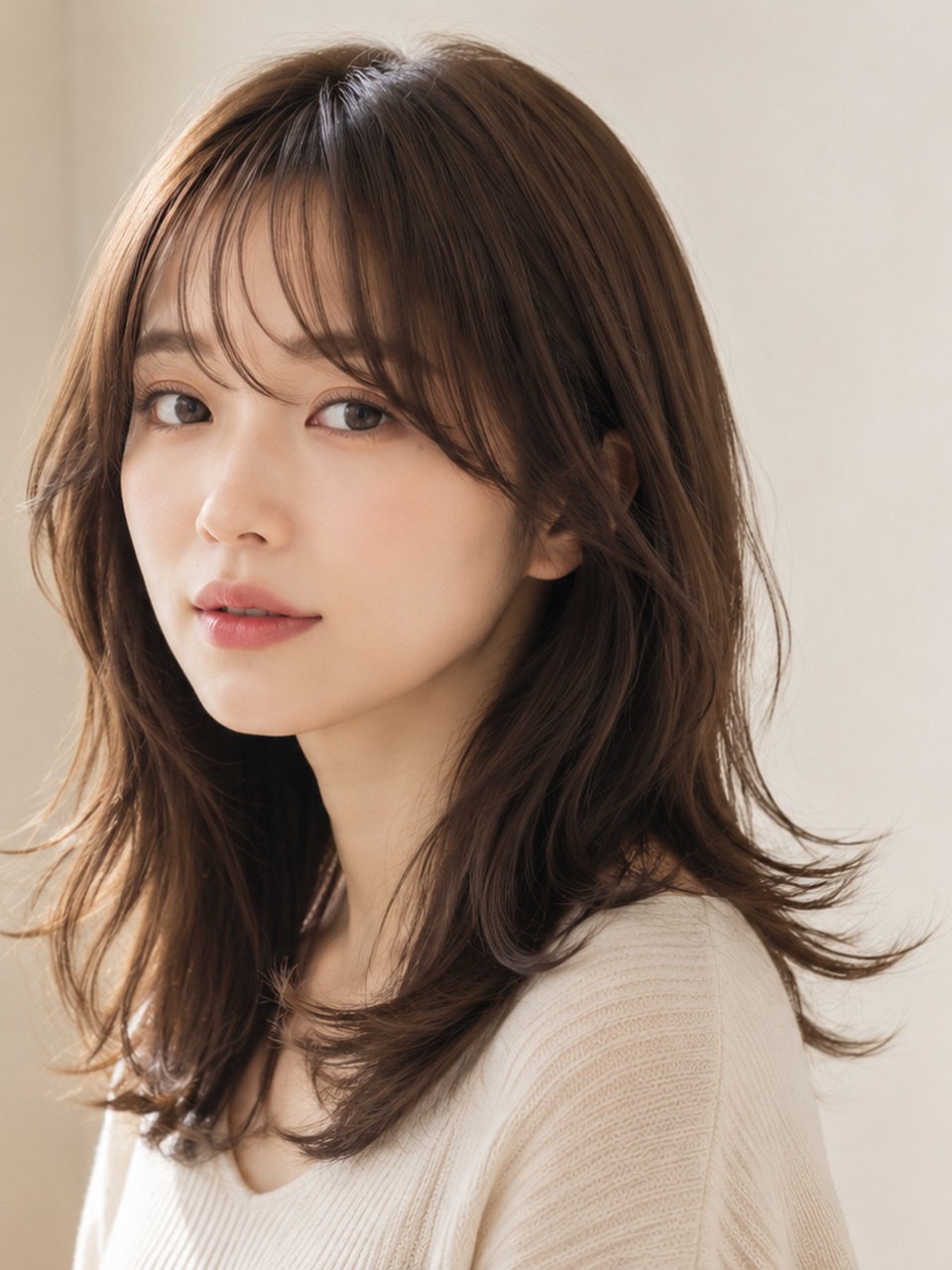 柔らかな毛流れをつけたロングの韓国レイヤーヘア