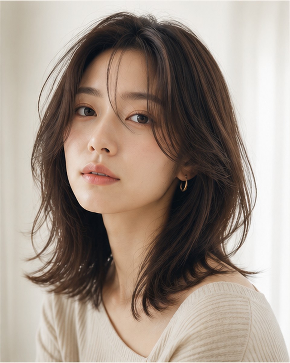 顔まわりへ柔らかな毛流れをつけたロングダークヘアの女性